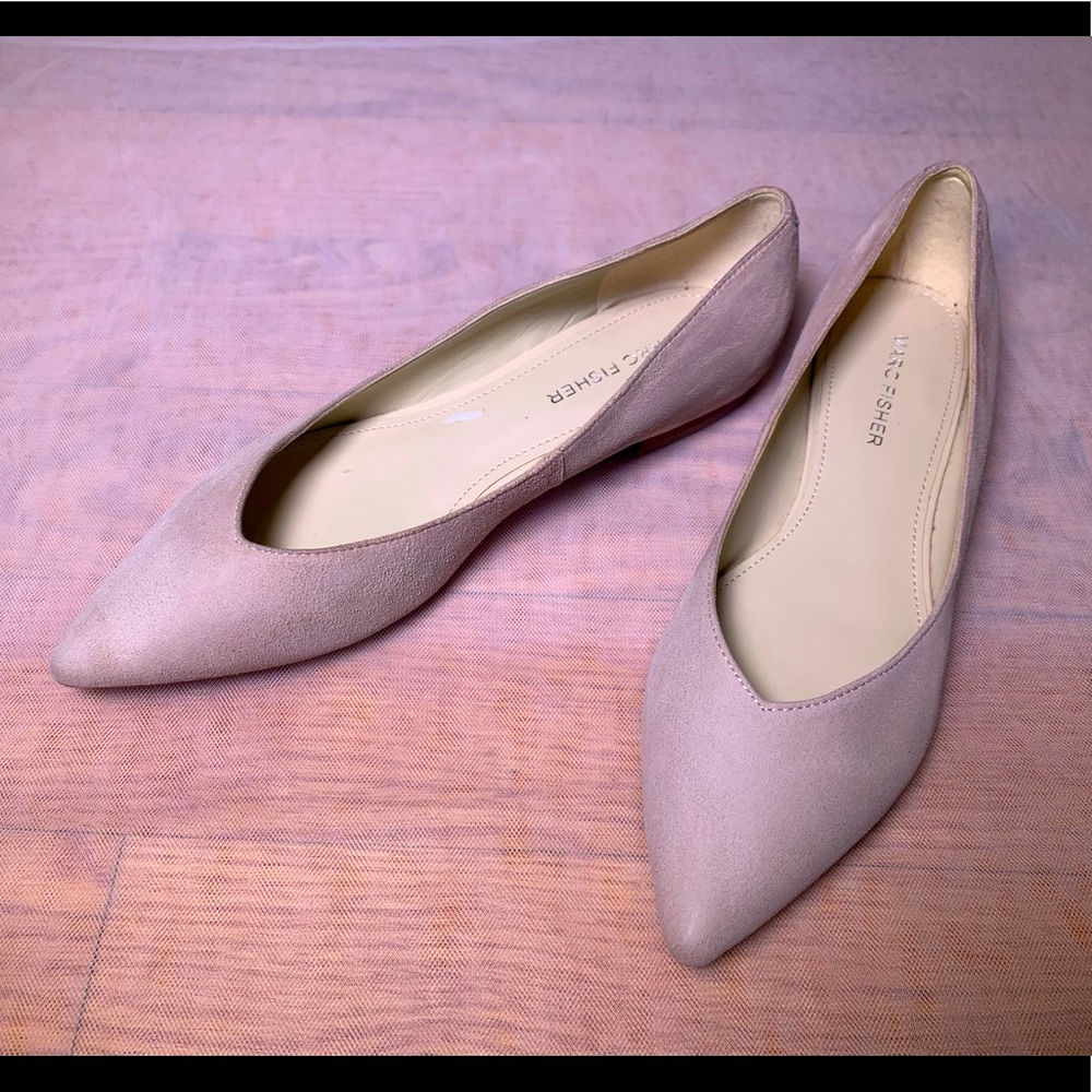 Marc Fisher Analia, beige suede flats, leather upper, 7M
